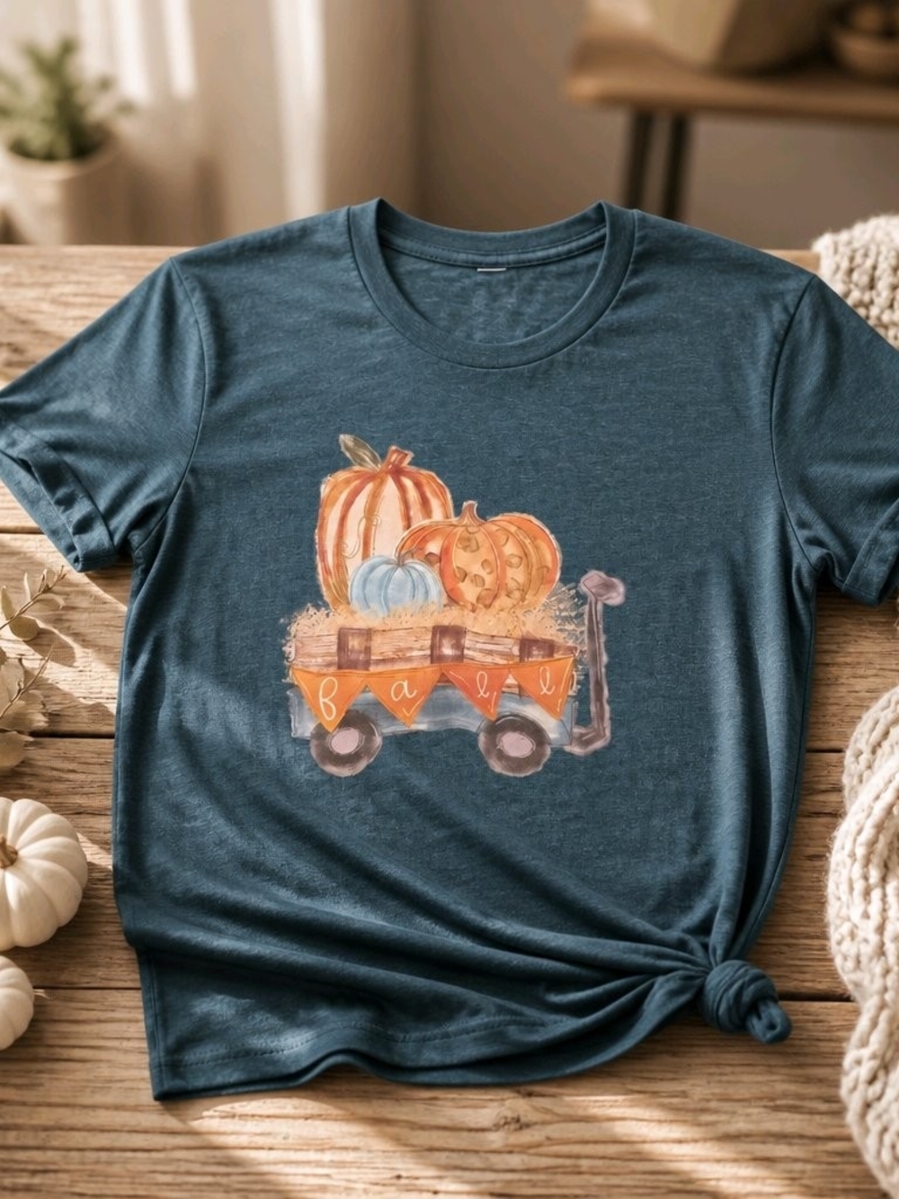 Blue Short Sleeve Pumpkin Wagon Graphic Tee